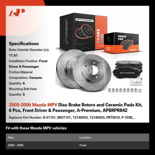 2000-2006 Mazda MPV Disc Brake Rotors and Ceramic Pads Kit, 6 Pcs, Front Driver & Passenger, A-Premium, APBRPR842