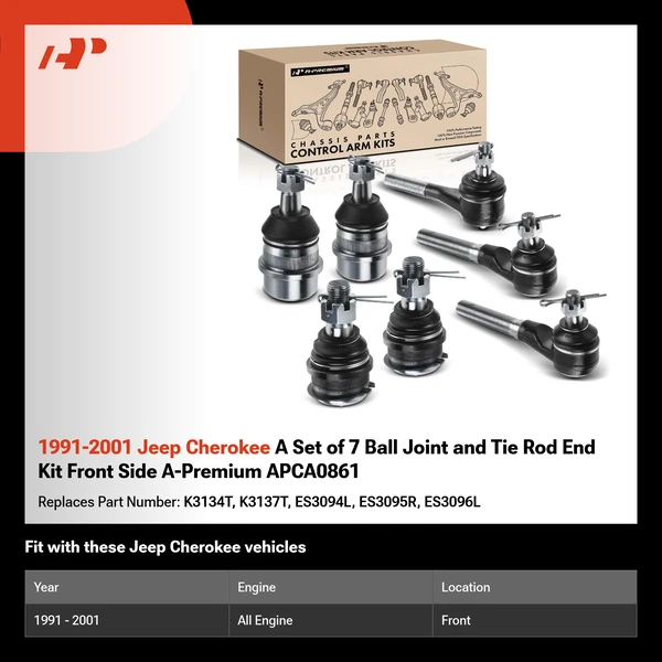 1991-2001 Jeep Cherokee A Set of 7 Ball Joint and Tie Rod End Kit Front Side A-Premium APCA0861
