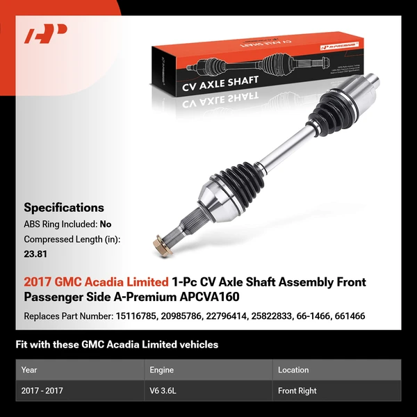 2017 GMC Acadia Limited 1-Pc CV Axle Shaft Assembly Front Passenger Side A-Premium APCVA160