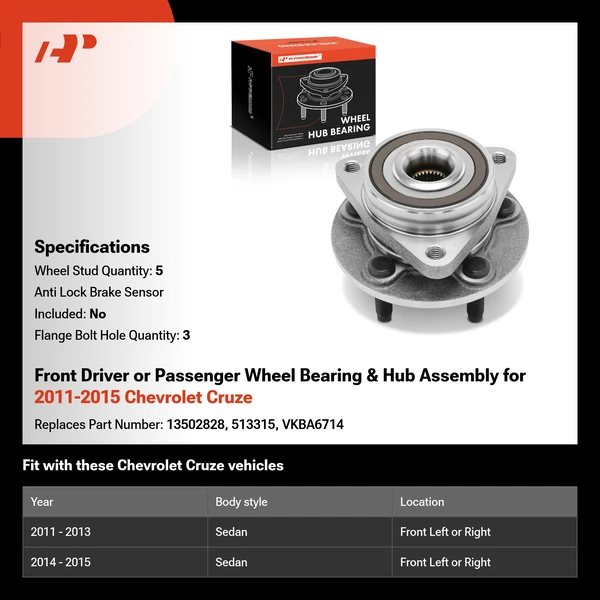 Front Driver or Passenger Wheel Bearing & Hub Assembly for 2011-2015 Chevrolet Cruze