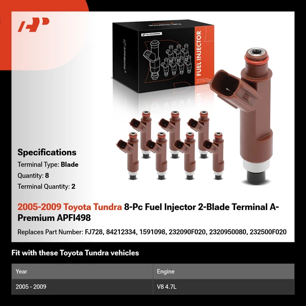 2005-2009 Toyota Tundra 8-Pc Fuel Injector 2-Blade Terminal A-Premium APFI498