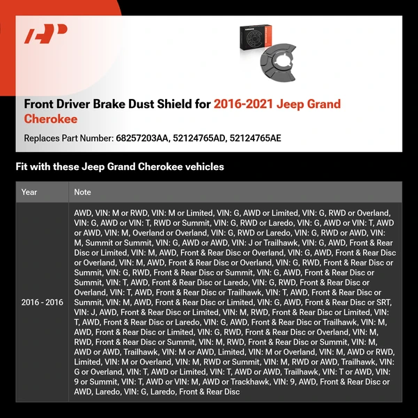 Front Driver Brake Dust Shield for 2016-2021 Jeep Grand Cherokee