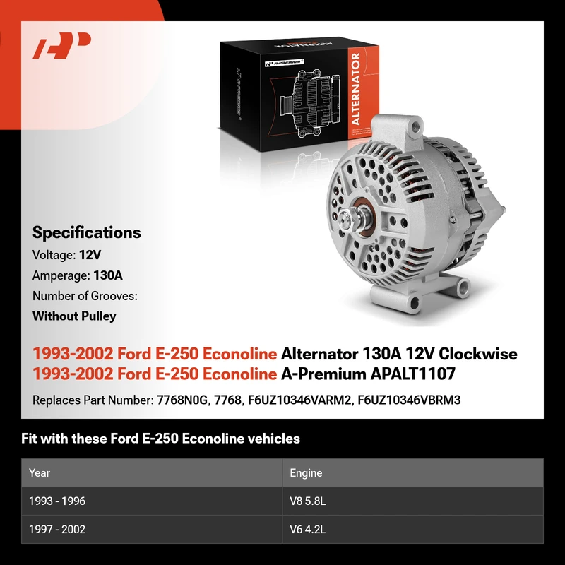 1993-2002 Ford E-250 Econoline Alternator 130A 12V Clockwise 1993-2002 Ford E-250 Econoline A-Premium APALT1107