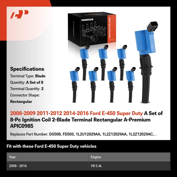 2008-2009 2011-2012 2014-2016 Ford E-450 Super Duty A Set of 8-Pc Ignition Coil 2-Blade Terminal Rectangular A-Premium APIC0985