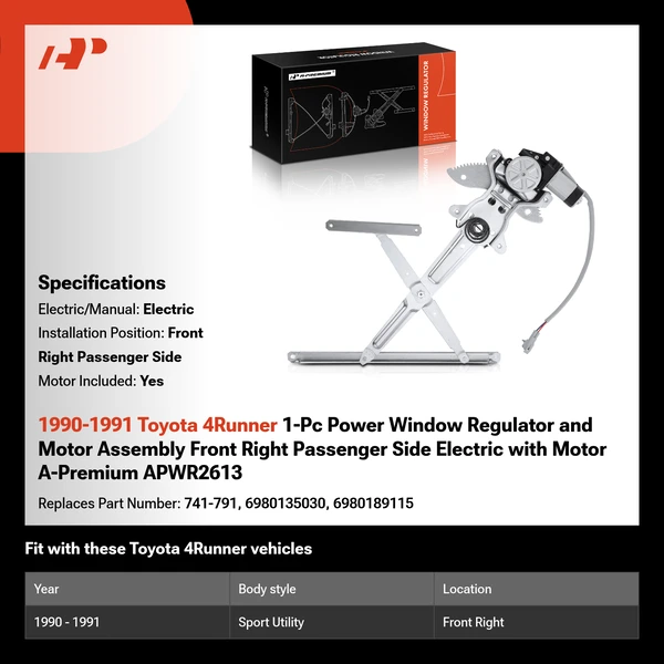 1990-1991 Toyota 4Runner 1-Pc Power Window Regulator and Motor Assembly Front Right Passenger Side Electric with Motor A-Premium APWR2613