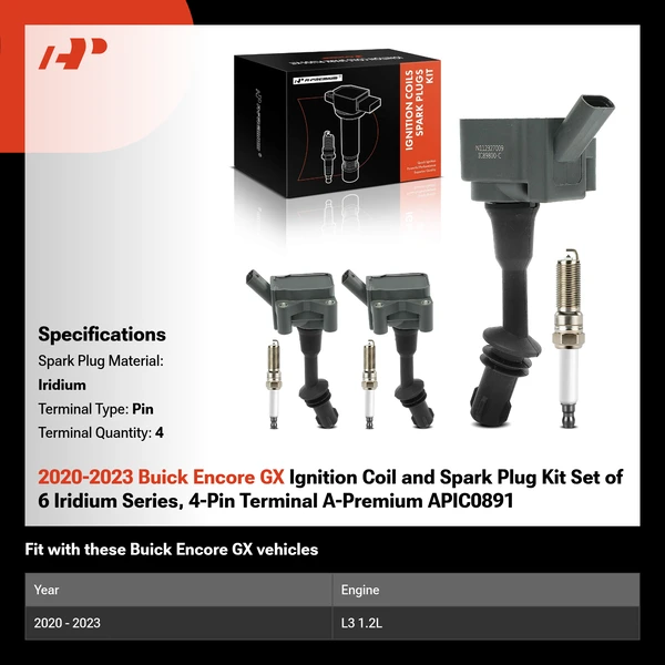 2020-2023 Buick Encore GX Ignition Coil and Spark Plug Kit Set of 6 Iridium Series, 4-Pin Terminal A-Premium APIC0891