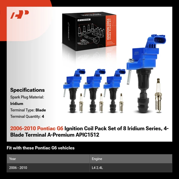 2006-2010 Pontiac G6 Ignition Coil Pack Set of 8 Iridium Series, 4-Blade Terminal A-Premium APIC1512