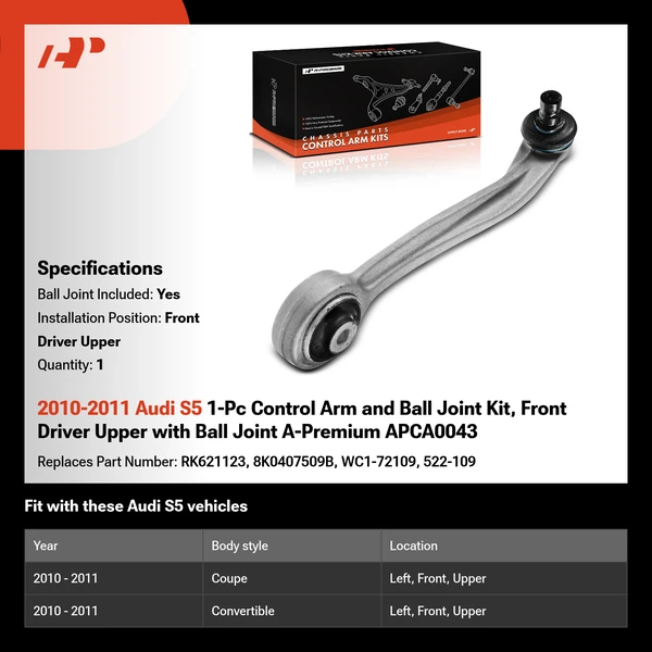 2010-2011 Audi S5 1-Pc Control Arm and Ball Joint Kit, Front Driver Upper with Ball Joint A-Premium APCA0043