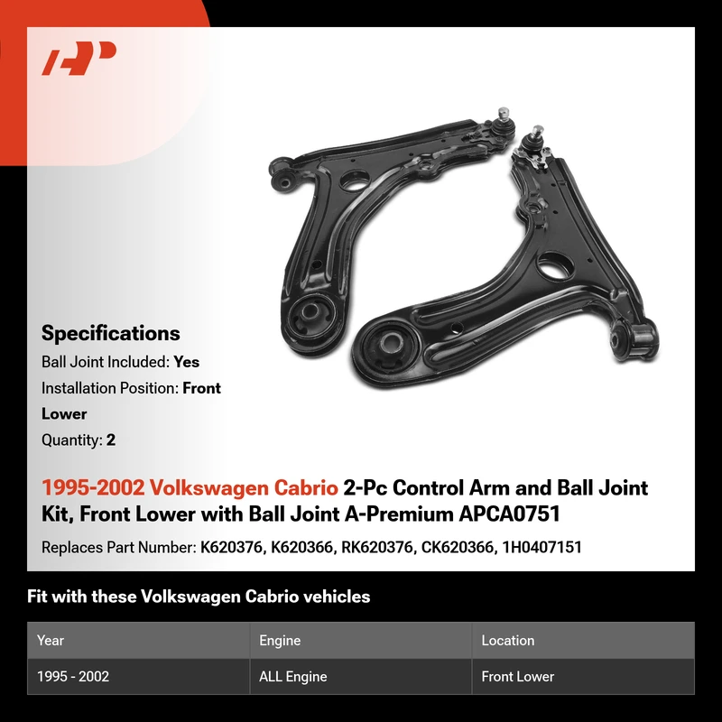 1995-2002 Volkswagen Cabrio 2-Pc Control Arm and Ball Joint Kit, Front Lower with Ball Joint A-Premium APCA0751