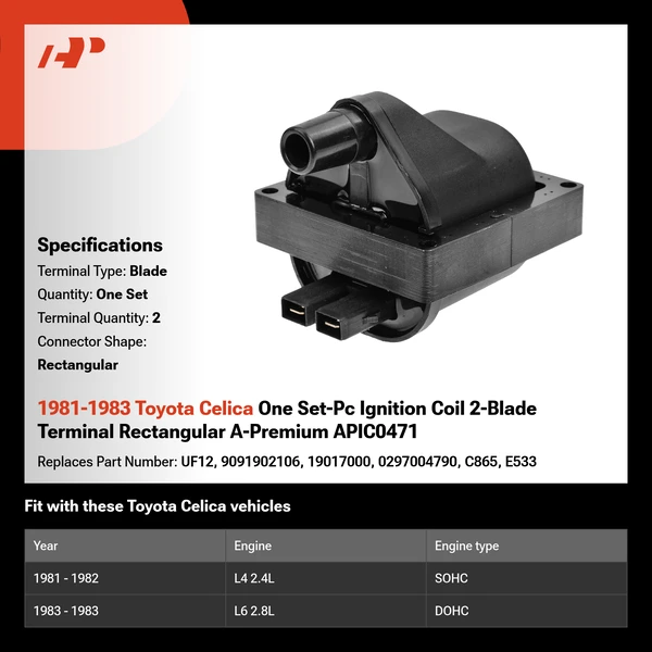 1981-1983 Toyota Celica One Set-Pc Ignition Coil 2-Blade Terminal Rectangular A-Premium APIC0471