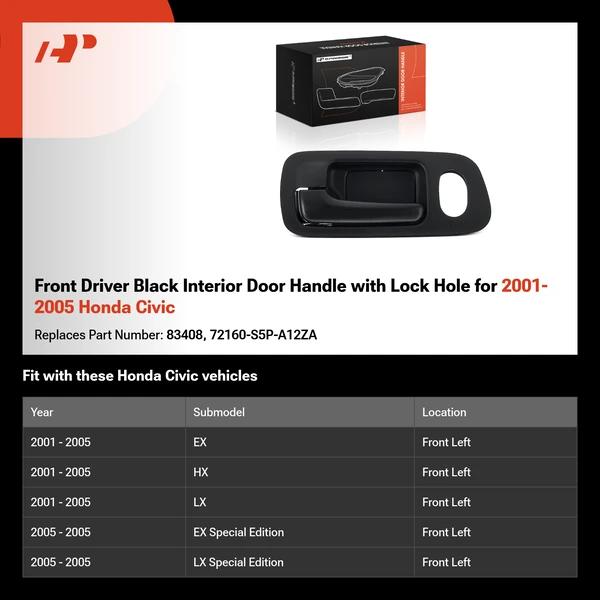 Front Driver Black Interior Door Handle with Lock Hole for 2001-2005 Honda Civic