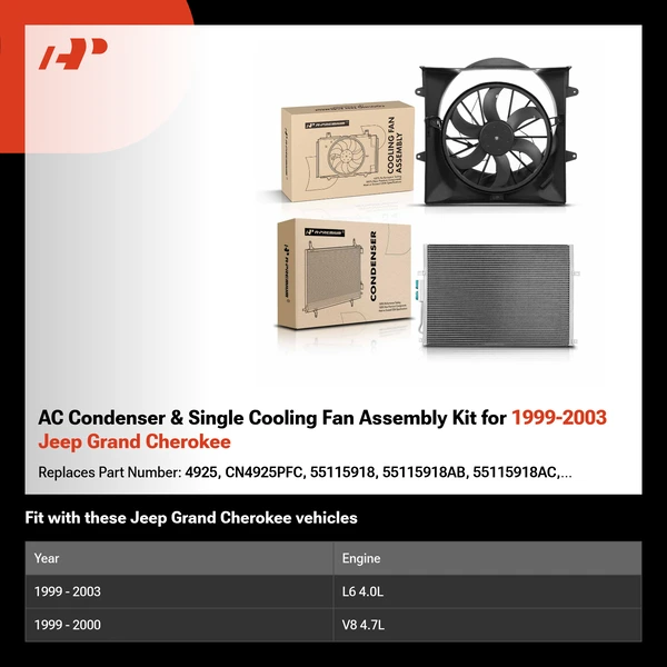 AC Condenser & Single Cooling Fan Assembly Kit for 1999-2003 Jeep Grand Cherokee