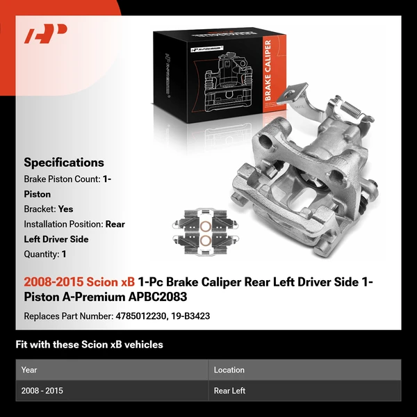 2008-2015 Scion xB 1-Pc Brake Caliper Rear Left Driver Side 1-Piston A-Premium APBC2083