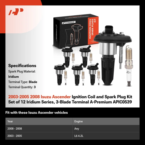 2003-2005 2008 Isuzu Ascender Ignition Coil and Spark Plug Kit Set of 12 Iridium Series, 3-Blade Terminal A-Premium APIC0539