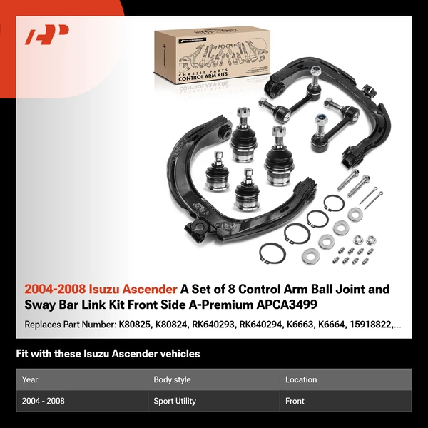 2004-2008 Isuzu Ascender A Set of 8 Control Arm Ball Joint and Sway Bar Link Kit Front Side A-Premium APCA3499