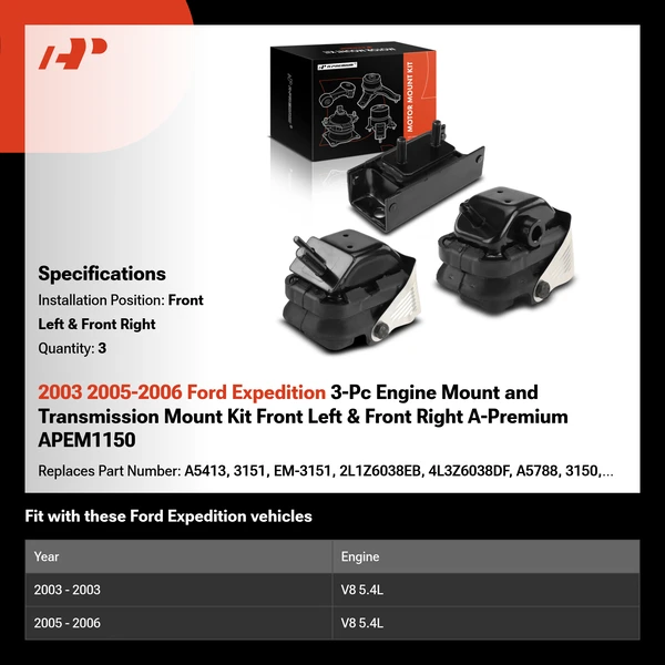 2003 2005-2006 Ford Expedition 3-Pc Engine Mount and Transmission Mount Kit Front Left & Front Right A-Premium APEM1150