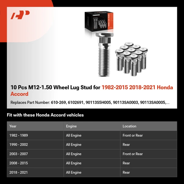 10 Pcs M12-1.50 Wheel Lug Stud for 1982-2015 2018-2021 Honda Accord