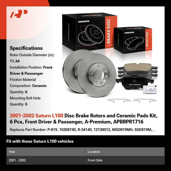 2001-2002 Saturn L100 Disc Brake Rotors and Ceramic Pads Kit, 6 Pcs, Front Driver & Passenger, A-Premium, APBRPR1716