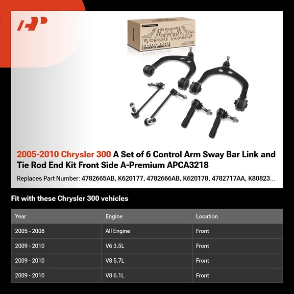 2005-2010 Chrysler 300 A Set of 6 Control Arm Sway Bar Link and Tie Rod End Kit Front Side A-Premium APCA3218