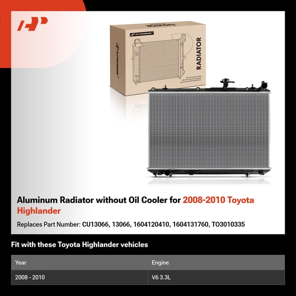 Aluminum Radiator without Oil Cooler for 2008-2010 Toyota Highlander