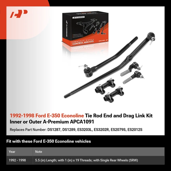 1992-1998 Ford E-350 Econoline Tie Rod End and Drag Link Kit Inner or Outer A-Premium APCA1091
