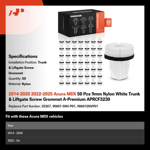 2014-2020 2022-2025 Acura MDX 50 Pcs 9mm Nylon White Trunk & Liftgate Screw Grommet A-Premium APRCF3230