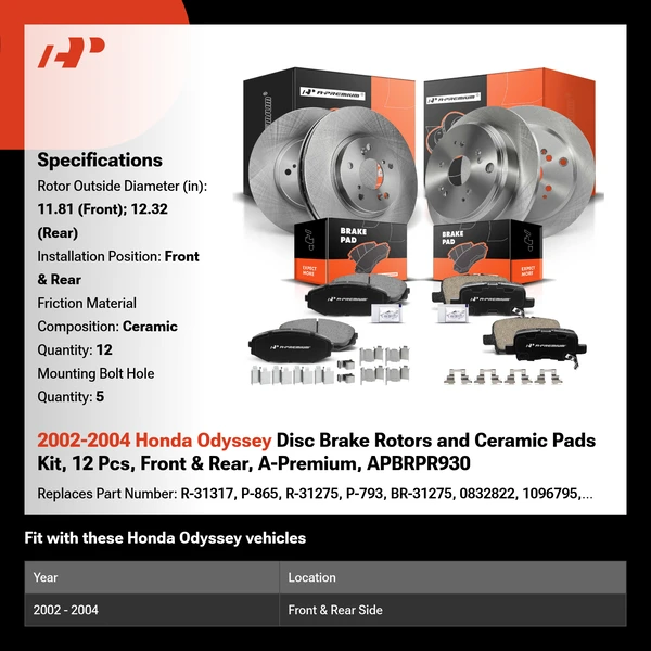 2002-2004 Honda Odyssey Disc Brake Rotors and Ceramic Pads Kit, 12 Pcs, Front & Rear, A-Premium, APBRPR930