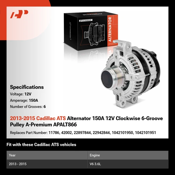 2013-2015 Cadillac ATS Alternator 150A 12V Clockwise 6-Groove Pulley A-Premium APALT866