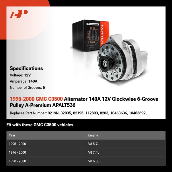 1996-2000 GMC C3500 Alternator 140A 12V Clockwise 6-Groove Pulley A-Premium APALT536