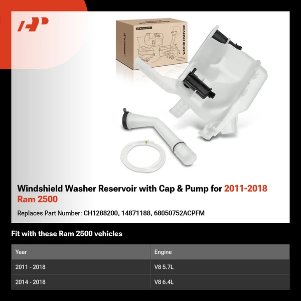 Windshield Washer Reservoir with Cap & Pump for 2011-2018 Ram 2500