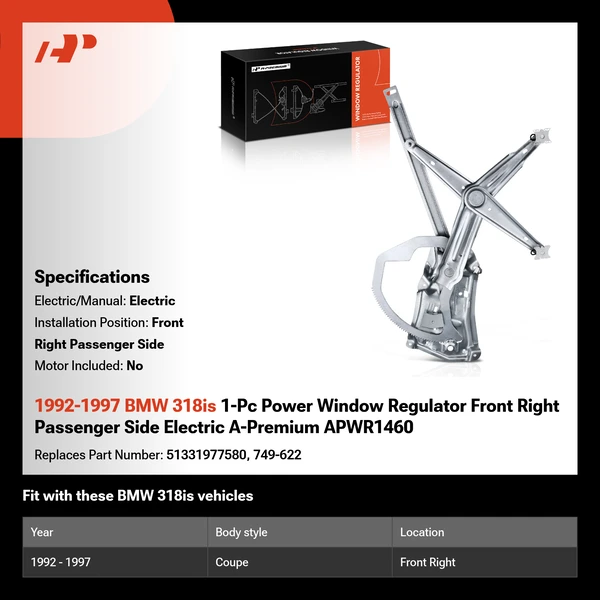 1992-1997 BMW 318is 1-Pc Power Window Regulator Front Right Passenger Side Electric A-Premium APWR1460