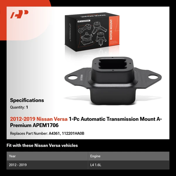 2012-2019 Nissan Versa 1-Pc Automatic Transmission Mount A-Premium APEM1706