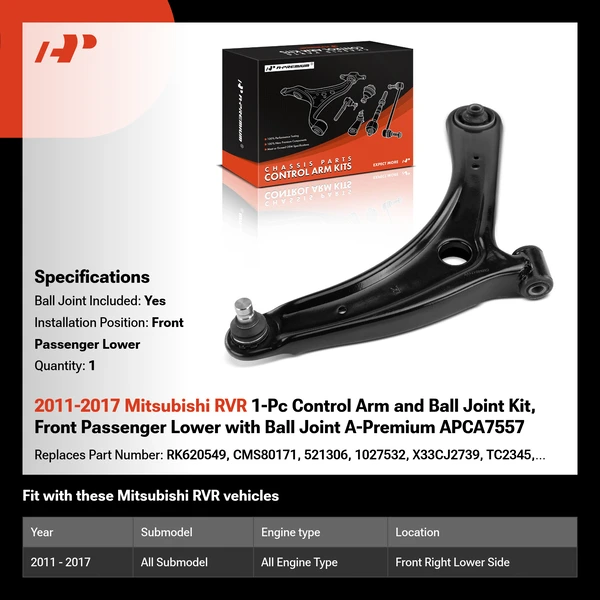 2011-2017 Mitsubishi RVR 1-Pc Control Arm and Ball Joint Kit, Front Passenger Lower with Ball Joint A-Premium APCA7557