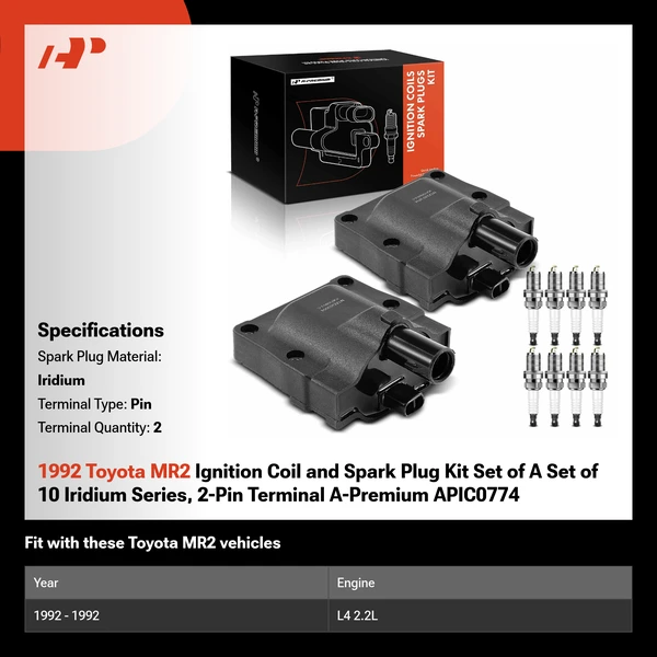 1992 Toyota MR2 Ignition Coil and Spark Plug Kit Set of A Set of 10 Iridium Series, 2-Pin Terminal A-Premium APIC0774