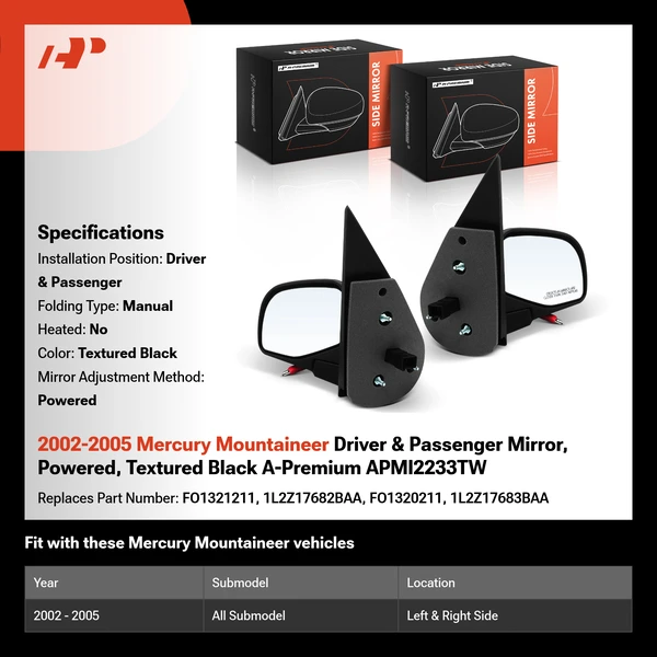 2002-2005 Mercury Mountaineer Driver & Passenger Mirror, Powered, Textured Black A-Premium APMI2233TW