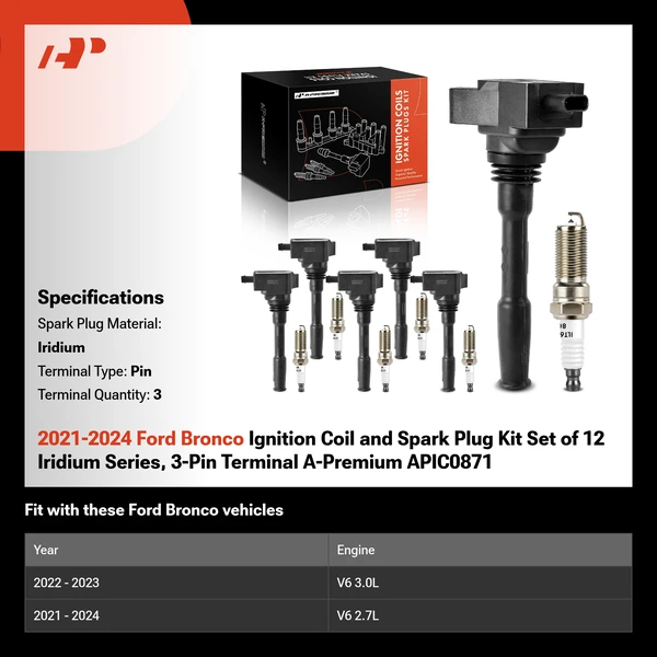 2021-2024 Ford Bronco Ignition Coil and Spark Plug Kit Set of 12 Iridium Series, 3-Pin Terminal A-Premium APIC0871