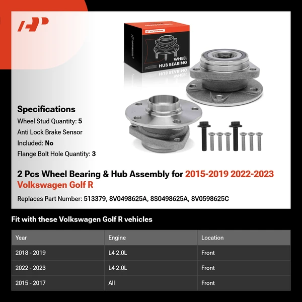 2 Pcs Wheel Bearing & Hub Assembly for 2015-2019 2022-2023 Volkswagen Golf R