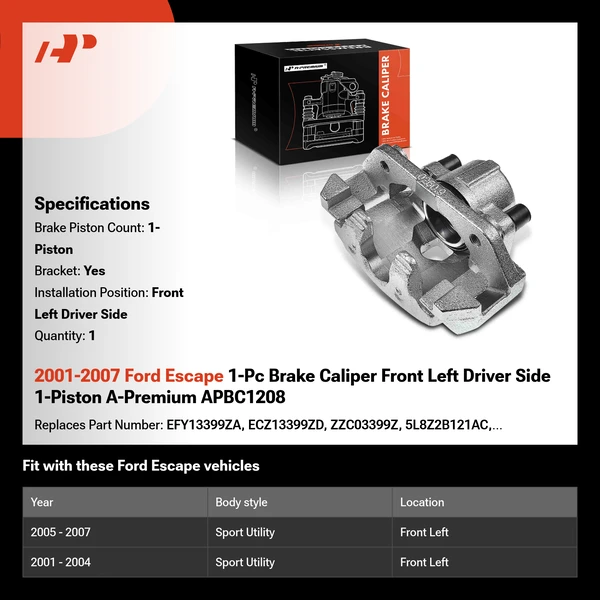 2001-2007 Ford Escape 1-Pc Brake Caliper Front Left Driver Side 1-Piston A-Premium APBC1208