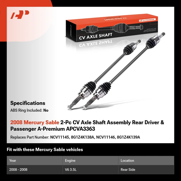 2008 Mercury Sable 2-Pc CV Axle Shaft Assembly Rear Driver & Passenger A-Premium APCVA3363