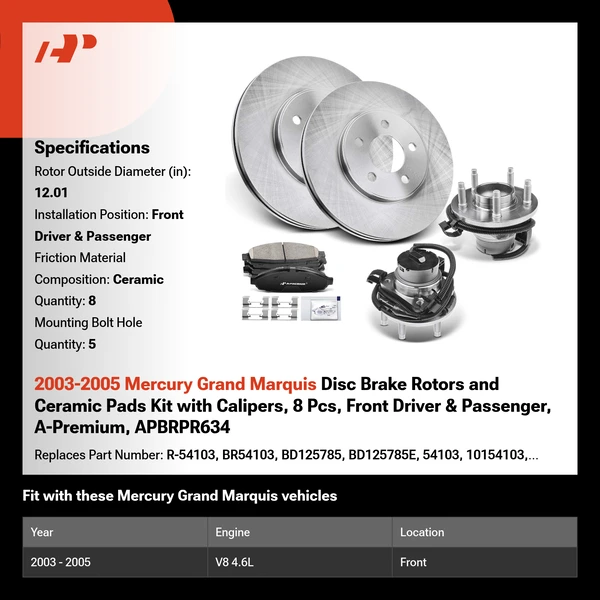 2003-2005 Mercury Grand Marquis Disc Brake Rotors and Ceramic Pads Kit with Calipers, 8 Pcs, Front Driver & Passenger, A-Premium, APBRPR634