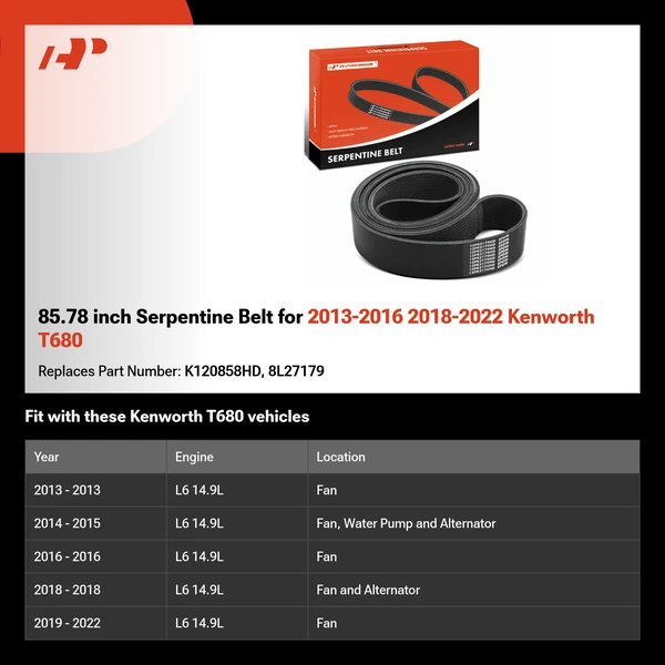 85.78 inch Serpentine Belt for 2013-2016 2018-2022 Kenworth T680