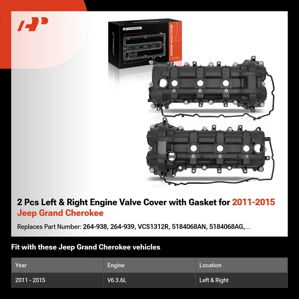 2 Pcs Left & Right Engine Valve Cover with Gasket for 2011-2015 Jeep Grand Cherokee