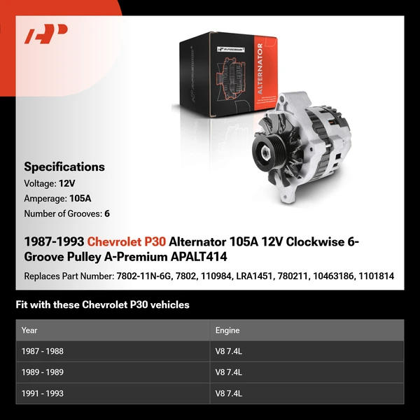 1987-1993 Chevrolet P30 Alternator 105A 12V Clockwise 6-Groove Pulley A-Premium APALT414