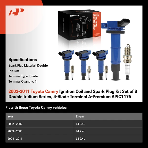 2002-2011 Toyota Camry Ignition Coil and Spark Plug Kit Set of 8 Double Iridium Series, 4-Blade Terminal A-Premium APIC1176