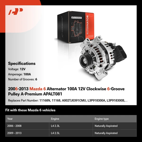 2006-2013 Mazda 6 Alternator 100A 12V Clockwise 6-Groove Pulley A-Premium APALT081