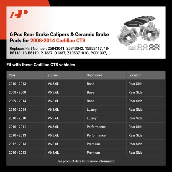 6 Pcs Rear Brake Calipers & Ceramic Brake Pads for 2008-2014 Cadillac CTS