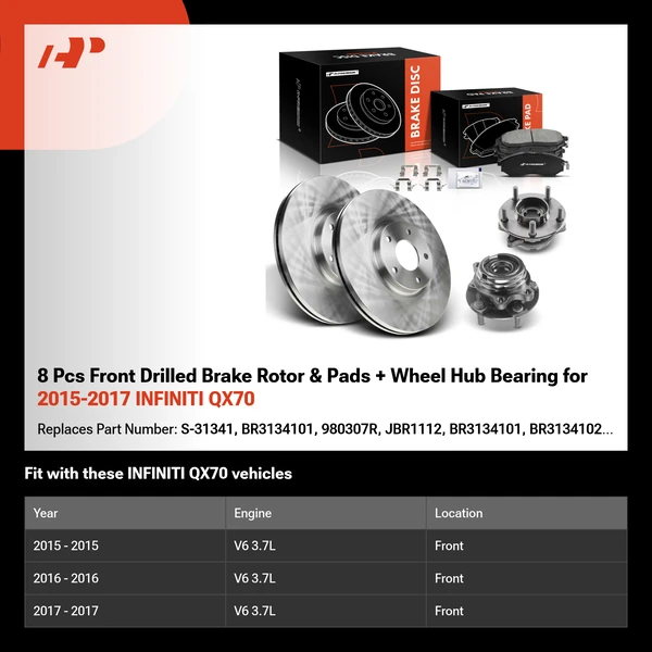 8 Pcs Front Drilled Brake Rotor & Pads + Wheel Hub Bearing for 2015-2017 INFINITI QX70