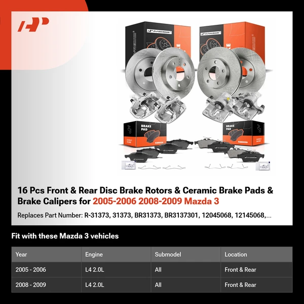16 Pcs Front & Rear Disc Brake Rotors & Ceramic Brake Pads & Brake Calipers for 2005-2006 2008-2009 Mazda 3