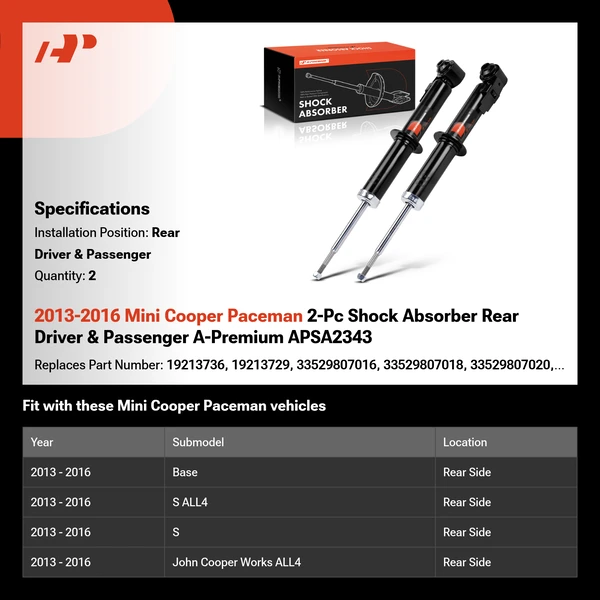 2013-2016 Mini Cooper Paceman 2-Pc Shock Absorber Rear Driver & Passenger A-Premium APSA2343
