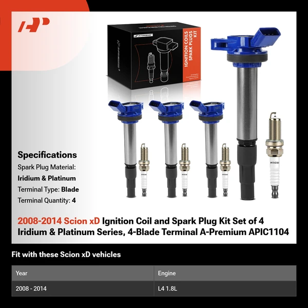 2008-2014 Scion xD Ignition Coil and Spark Plug Kit Set of 4 Iridium & Platinum Series, 4-Blade Terminal A-Premium APIC1104